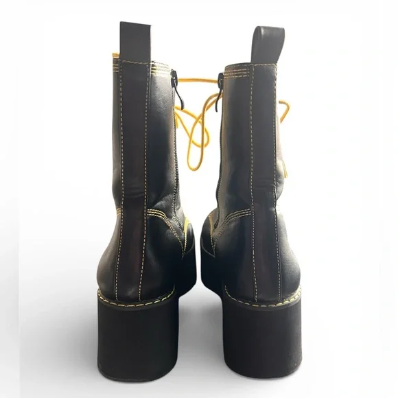 Nasty Gal Black Platform Lace-Up Boots with Yellow Stitching and Laces - Picture 5 of 8